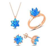 Kovac 925 Ayar Lotus Çiçeği Model Rose Altın Kaplama Mavi Zirkon Taşlı Kadın Gümüş Set