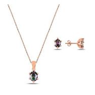 Kovac 925 Ayar Oval Tektaş Model Rose Kaplama Mistik Topaz Taşlı Kadın Gümüş Set