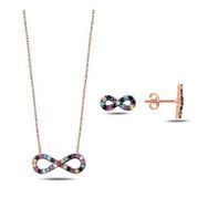 Kovac 925 Ayar Sonsuzluk Model Rose Kaplama Renkli Zirkon Taşlı Kadın Gümüş Set