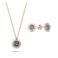 Kovac 925 Ayar Tektaş Model Rose Kaplama Mistik Topaz Taşlı Kadın Gümüş Set