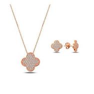 Kovac 925 Ayar Yonca Model Rose Altın Kaplama Zirkon Taşlı Kadın Gümüş Set