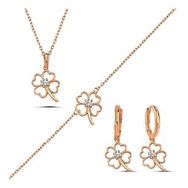 Kovac 925 Ayar Yonca&Kalp Model Rose Kaplama Zirkon Taşlı Kadın Gümüş Set