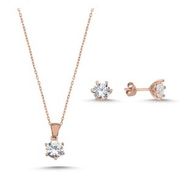 Kovac 925 Ayar Yuvarlak Tektaş Model Rose Kaplama Zirkon Taşlı Kadın Gümüş Set