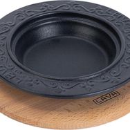 Lava 18 cm Siyah Döküm Oval Döner Sos Tabağı Kayın Servis Ahşabı