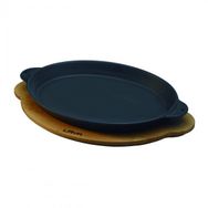 Lava 18x24 cm Siyah Döküm Oval Fajita Tabağı Döküm Demir Yekpare Çift Kulplu Kayın Servis Ahşabı