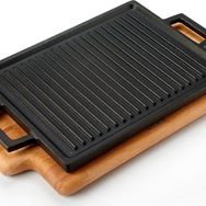 Lava 22x30 cm Siyah Dikdörtgen Çift Yön Izgara Hot Plate Döküm Demir Yekpare Çift Kulplu Kayın Servis Ahşabı