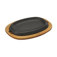 Lava 26x19 cm Siyah Döküm Oval Fajita Tabağı Kayın Servis Ahşabı