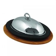 Lava 32x23 cm Siyah Döküm Oval Döner Kebap Tabağı Kayın Servis Ahşabı