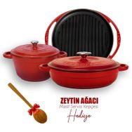 Lava Döküm 3X GR Kırmızı Izgara Tava ve New Heritage Serisi Tencere Seti