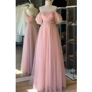 Lenta Moda LM270423SU01 Simli Drapeli Maxi Boy Kemer Detaylı Transparan Pudra Abiye Elbise