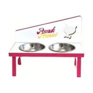 Liva Ahşap 2'li Çelik Kaseli Açık Pembe Kedi ve Köpek Mama ve Su Kabı