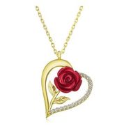 Lucky Gümüş Gold Kalpli Kırmızı Gül Kadın Kolye