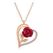 Lucky Gümüş Rose Kalpli Kırmızı Gül Kadın Kolye