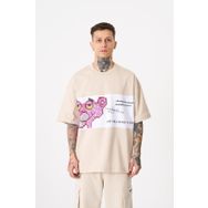 Machinist Pink Panter Açık Bej Baskılı Oversize Erkek T-shirt