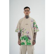 Machinist Rose Flower Baskılı Açık Bej Oversize Erkek T-shirt
