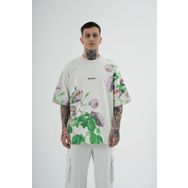 Machinist Rose Flower Baskılı Gri Oversize Erkek T-shirt