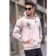 Madmext 5895 Erkek Bej Baskılı Kapüşonlu Sweatshirt