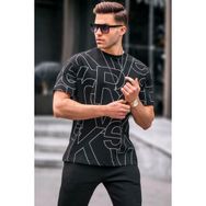 Madmext 6061 Siyah Harf Desenli Bisiklet Yaka Erkek T-shirt