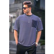 Madmext 6084 Lacivert Çizgili Basic Erkek T-shirt