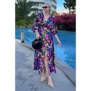 Madmext MG2076 Mor Uzun V Yaka Desenli Kadın Elbise