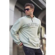 Madmext T6026 Mint Yeşili Fermuar Yakalı Nakışlı Erkek Sweatshirt