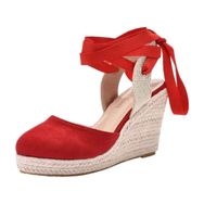 MaNMaNing Bohem Lace Up Geniş Fit Kalın Tabanlı Kapalı Parmak Kırmızı Kadın Sandalet