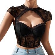 MaNMaNing Dirndl Oktoberfest MM9153 Siyah Şık Şeffaf Dantel Kısa Kollu Kadın Bluz