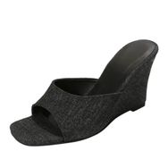 MaNMaNing Flip Flop Denim Kare Ayak Açık Burun Topuk Kalın Rahat Siyah Kadın Terlik