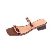 MaNMaNing Flip Flop Kare Kafa Dokuma Yüksek Topuk Rahat Kahverengi Kadın Terlik