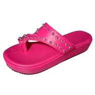 MaNMaNing Flip Flop Sıcak Pembe Katı Deri Metal Tırnak Açık Parmak Kalın Taban Kadın Terlik