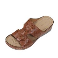 MaNMaNing Retro Flip Flop Yellow Açık Parmak Kalın Taban Deri Çiçek Kadın Sandalet