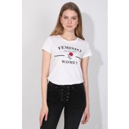 Markapia Beyaz Kadın Bisiklet Yaka Baskılı T-Shirt