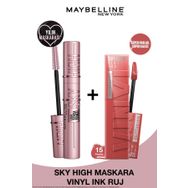 Maybelline Lash Sensational Sky High Maskara + Super Stay Vinyl Ink 15 Peachy Likit Parlak Ruj