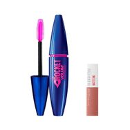 Maybelline Volum Express Rocket Ekstra Siyah Maskara + Mini Super Stay Matte Ink 65 Seductress Likit Mat Ruj Makyaj Seti