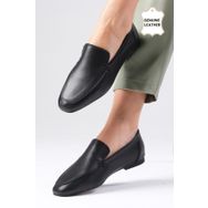 Mio Gusto Aria Siyah Renk Hakiki Deri Küt Burunlu Kadın Loafer Ayakkabı