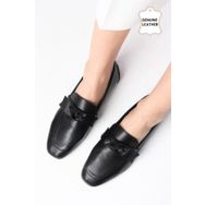Mio Gusto Candy Hakiki Deri Siyah Renk Fiyonk Aksesuarlı Küt Burunlu Kadın Loafer Ayakkabı