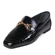 Mio Gusto Jordane Siyah Renk Hakiki Deri Hayvan Desenli Küt Burunlu Kadın Loafer Ayakkabı