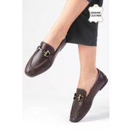 Mio Gusto Manon Hakiki Deri Kahverengi Zincir Aksesuarlı Küt Burunlu Kadın Loafer Ayakkabı