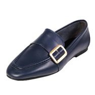 Mio Gusto Martina Hakiki Deri Lacivert Renk Küt Burunlu Kadın Loafer Ayakkabı
