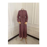 Moda Amore 001 Çiçek Desenli Bordo Viskon Düğmeli Uzun Kollu Maxi Boy Hakim Yaka Kadın Tesettür Elbise