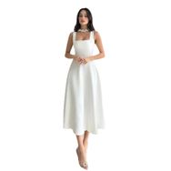 Moda Amore 151 Beyaz Atlas Kumaş Kloş Kesim Kalın Askılı Kare Yaka Kadın Elbise