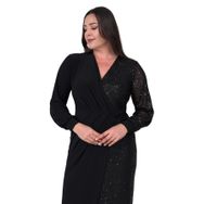 Moda Amore Yarısı Payetli Önden Yırtmaç Detaylı Midi Boy Kruvaze Yaka 017 Siyah Büyük Beden Kadın Abiye Elbise