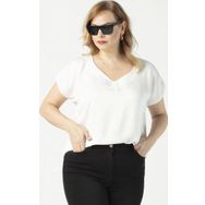Moda Berray 3203 Beyaz Saten V Yaka Kısa Kollu Büyük Beden Şık Kadın Bluz