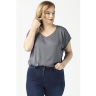 Moda Berray 3203 Gri Saten V Yaka Kısa Kollu Büyük Beden Şık Kadın Bluz