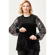 Moda Berray 3232 Siyah Kadife Kolu Disko Payetli Büyük Beden Kadın Bluz
