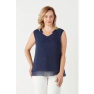 Moda Berray 3241 Lacivert Yaka Fırfırlı Kolsuz Büyük Beden Şık Kadın Bluz
