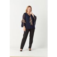 Moda Berray 4039 Lacivert Leopar Desenli Volan Kollu Büyük Beden Kadın Bluz