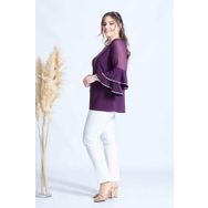 Moda Berray 4043 Mürdüm Kolları Volanlı Esnek Şık Taşlı Büyük Beden Kadın Bluz