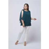 Moda Berray 4050 Petrol Taşlı Pelerinli Şifon Büyük Beden Şık Kadın Bluz