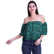 Moomaya Bohem Baskılı Omzu Göbeği Açık Üst Fırfırlı Kol Cam Göbeği Yeşili Kadın Bluz